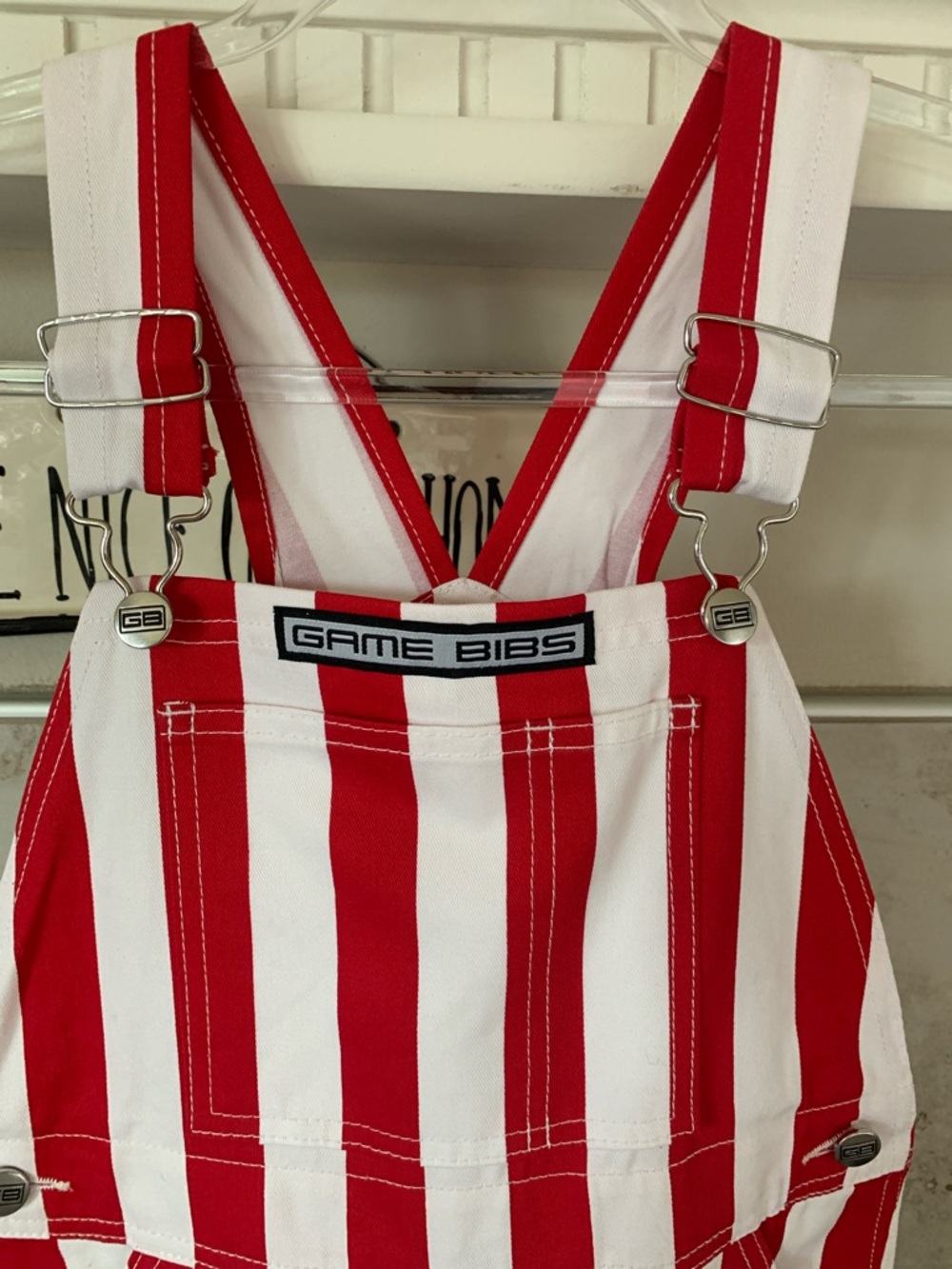 NWOT Game Bins Red/White Striped Overalls XS measurements in description
